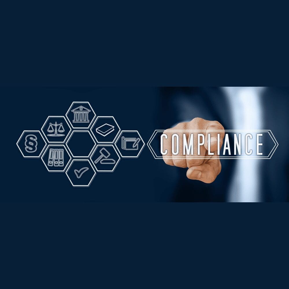 Hand pointing to the word 'Compliance' with legal and regulatory icons