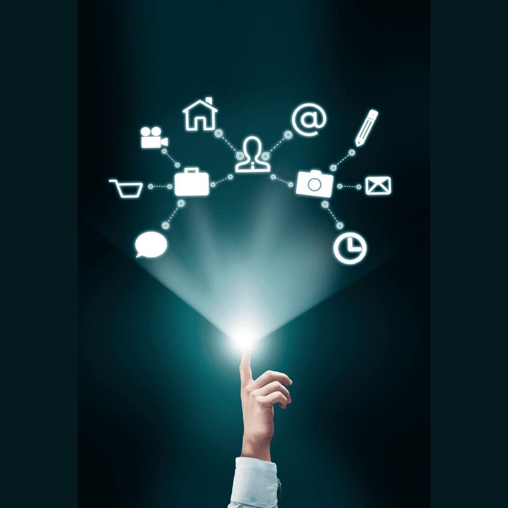 hand pointing upwards with pointer finger glowing to illuminate 10 aspects of a website all connected and glowing