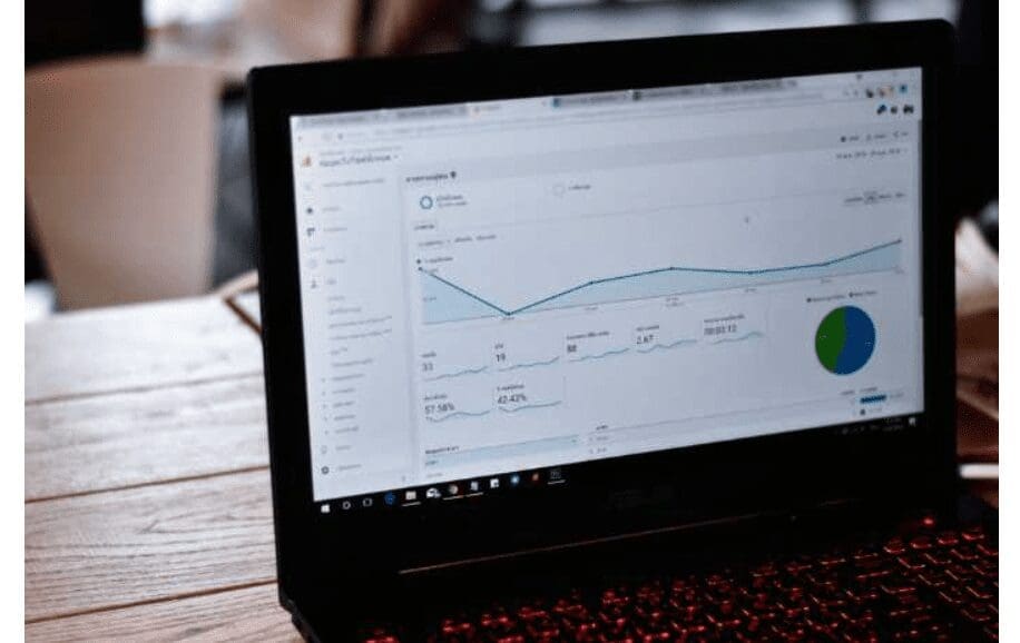 Laptop displaying analytics dashboard with graphs and charts