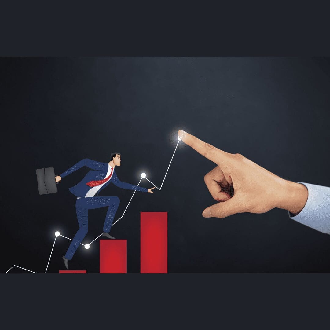 a cartoon man in a suit with a briefcase running up a bar graph reaching out and touching a non-cartoon hand's pointer finger