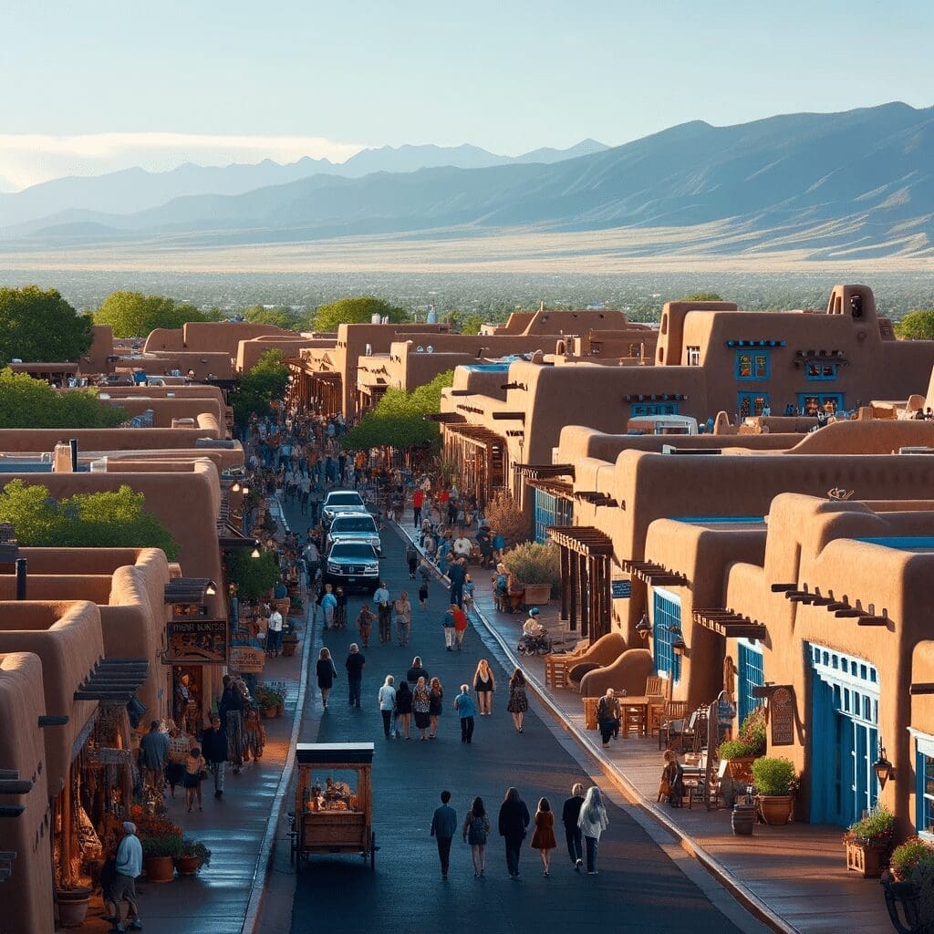 A photo capturing the charm of a Santa Fe streetscape with its distinctive Adobe buildings and the backdrop of the Sangre de Cristo Mountains
