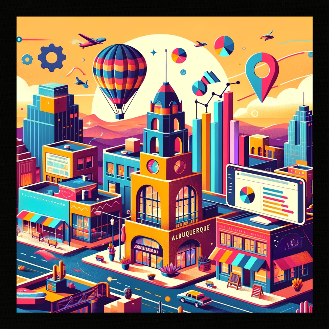 Albuquerque businesses with icons of online ad metrics floating around above the buildings