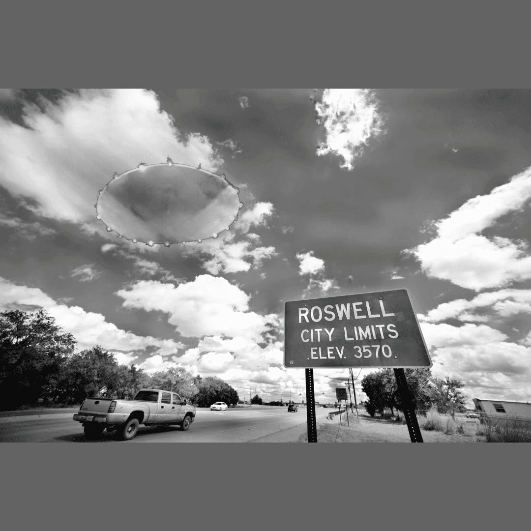 Roswell Restaurants city limits sign in black and white
